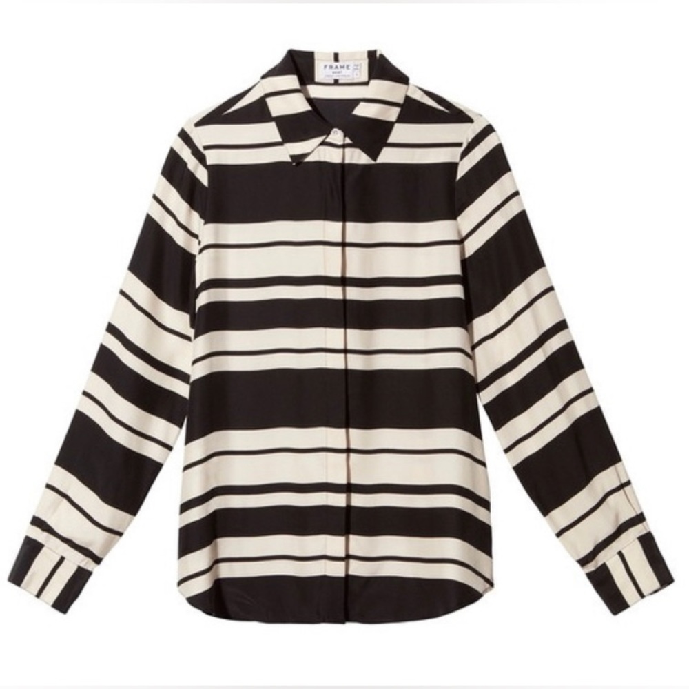FRAME Denim Le Essential Blouse in Noir Sculpture Stripe 100% Silk s.S NWOT